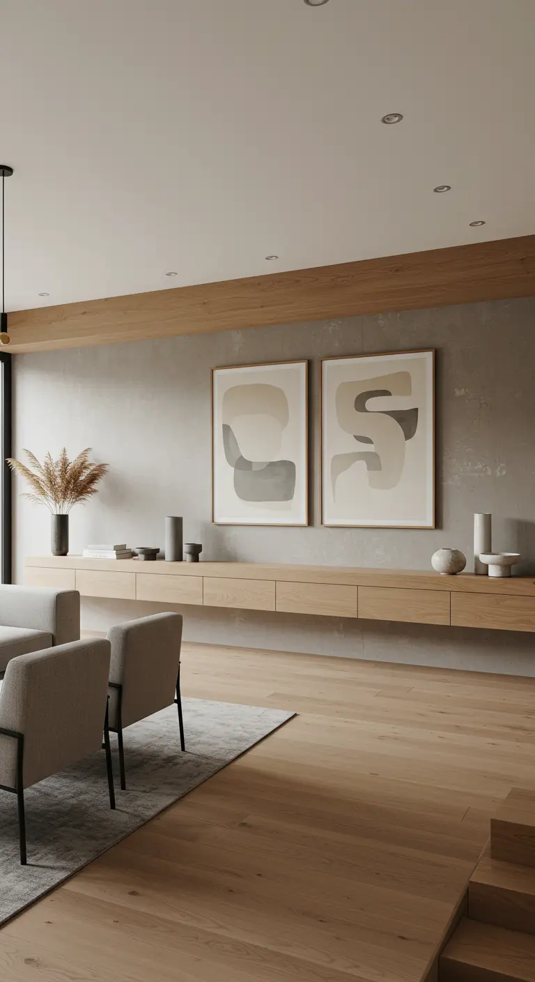 A long, floating wood credenza with ceramics and two large, neutral abstract art pieces above.