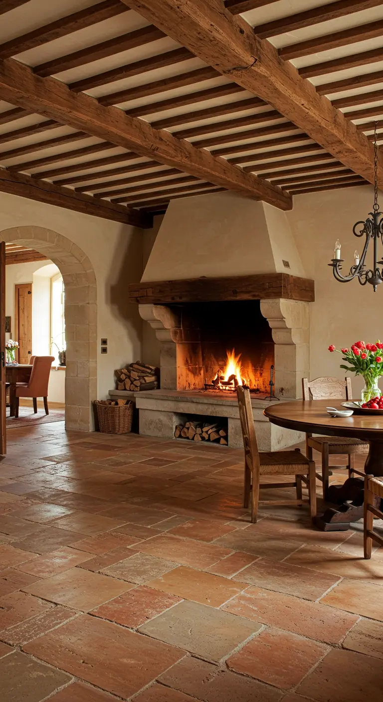 A large, rustic dining room with exposed beams and a massive stone fireplace.
