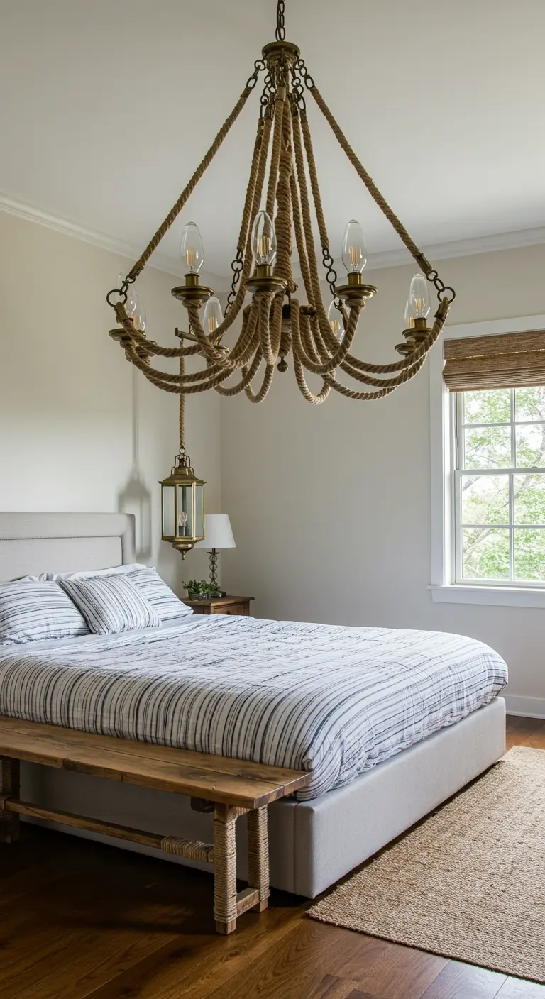Elegant bedroom featuring a large chandelier made of draped rope over a bed with striped linens.