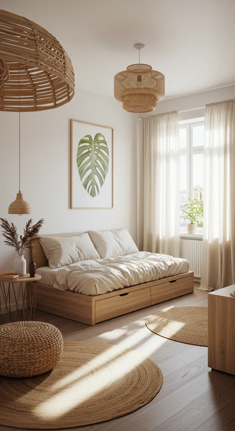 Airy bedroom with a large monstera leaf print above a light wood bed with storage drawers.