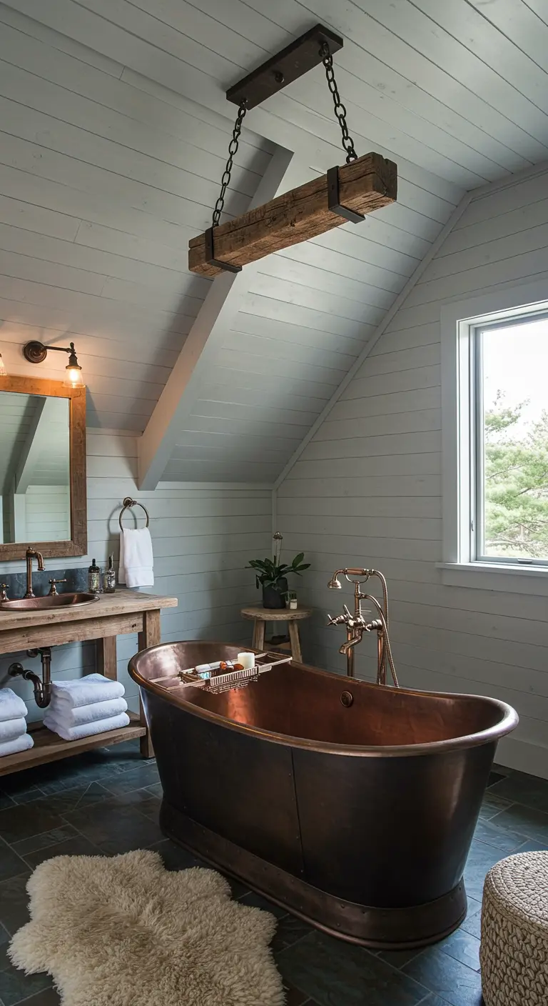 Attic bathroom with a freestanding copper tub and a rustic beam chandelier.
