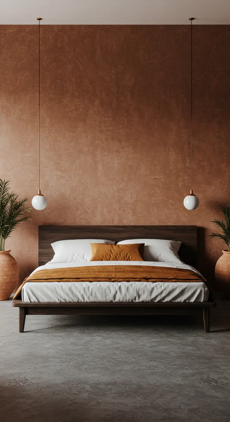 Bedroom with a textured terracotta accent wall and modern pendant lights.