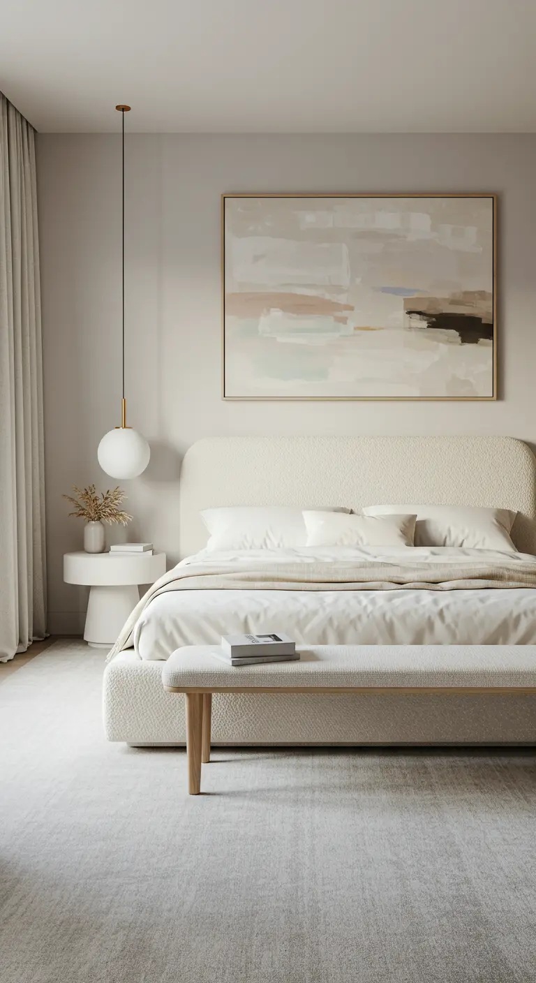 Serene bedroom with a large boucle upholstered bed and oversized abstract art.