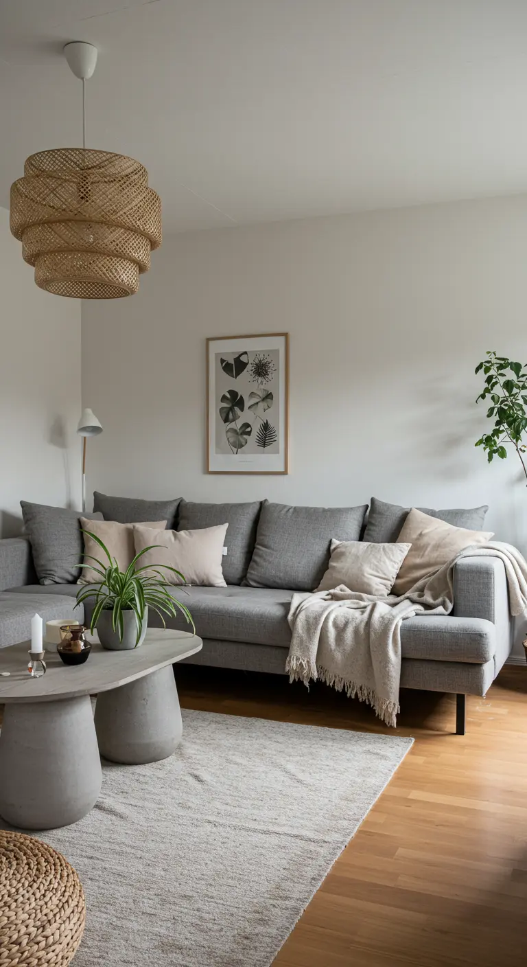 A gray sectional sofa with two gray, sculptural concrete coffee tables and a woven pendant light.