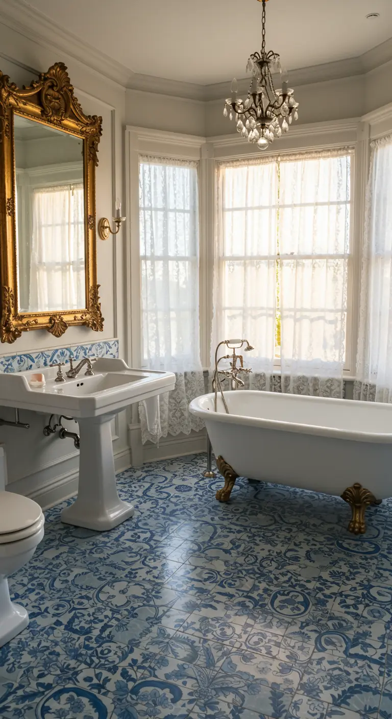 Victorian bathroom with blue floral floor tiles and a gilded mirror.