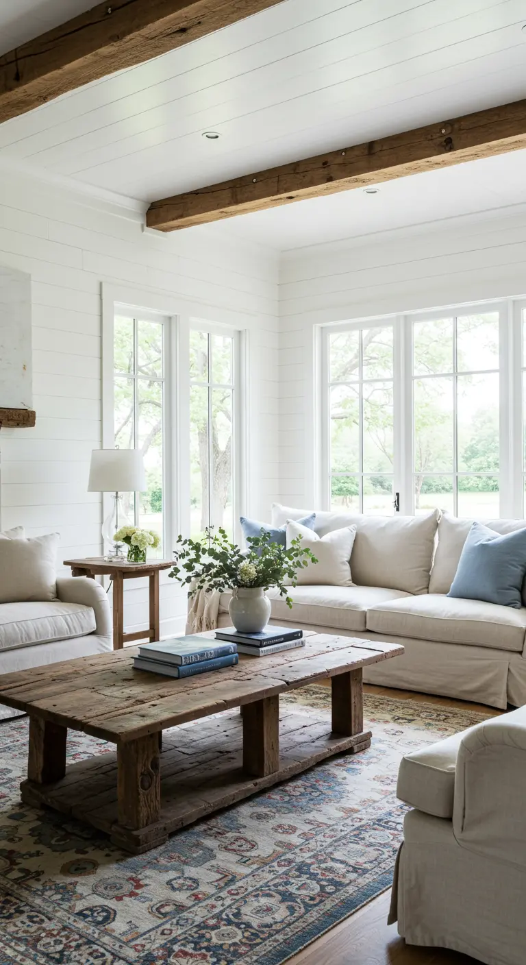 Airy farmhouse living room with a large distressed wood coffee table and white slipcovered sofa.