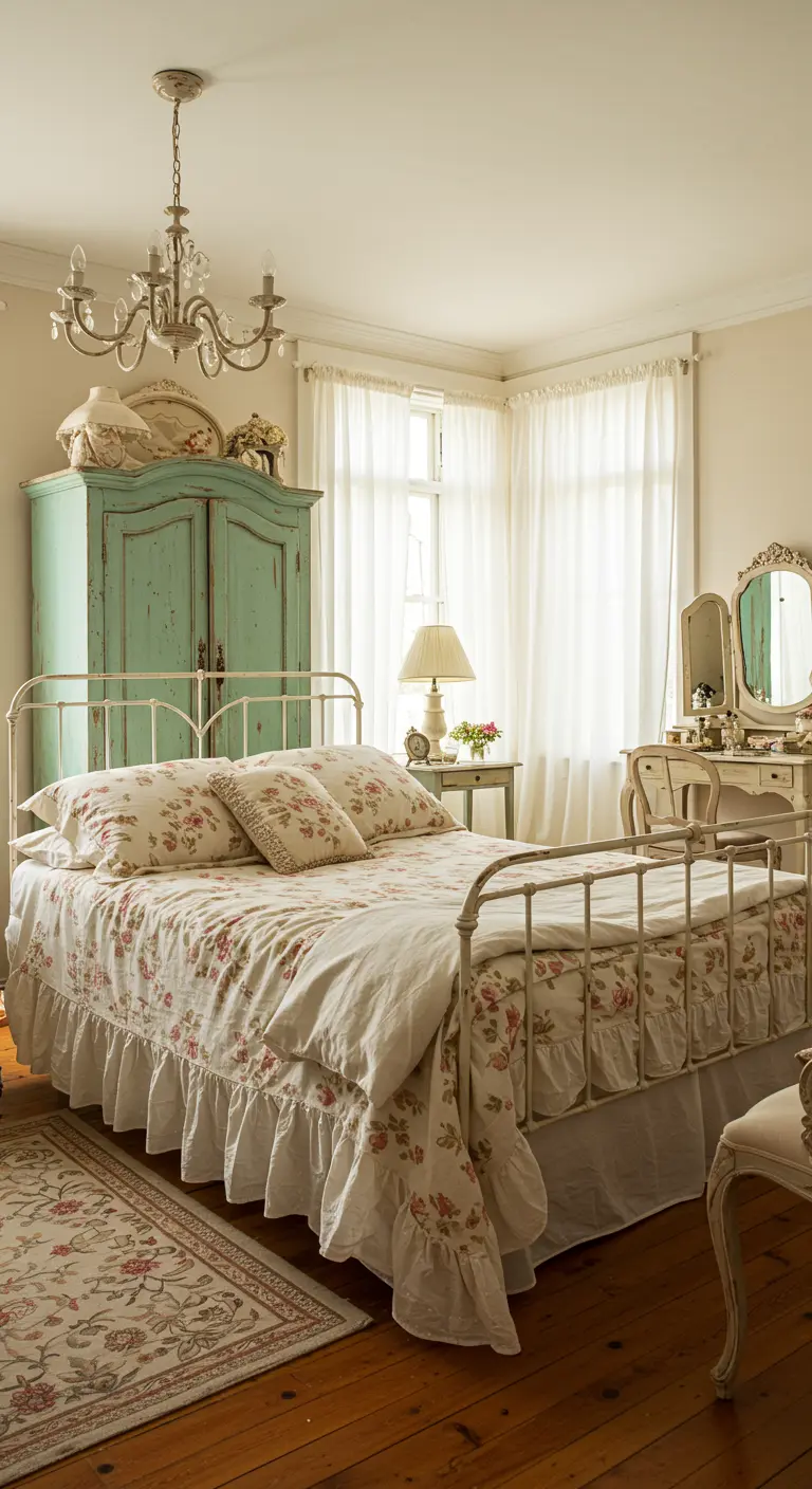 Shabby-chic bedroom with a distressed turquoise armoire and a floral-covered iron bed.
