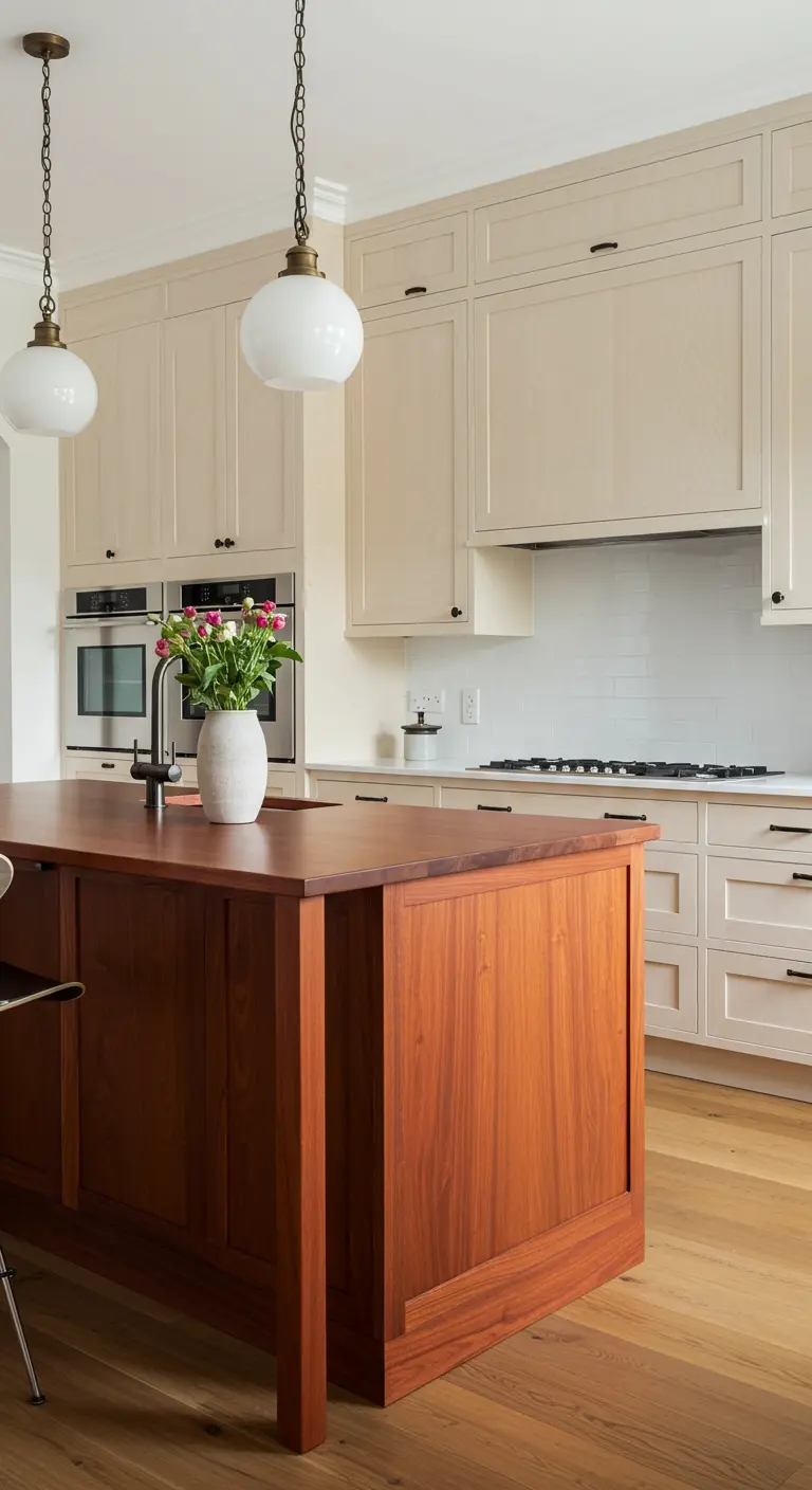 Kitchen with cream cabinets, a dark wood island, and globe pendant lights.