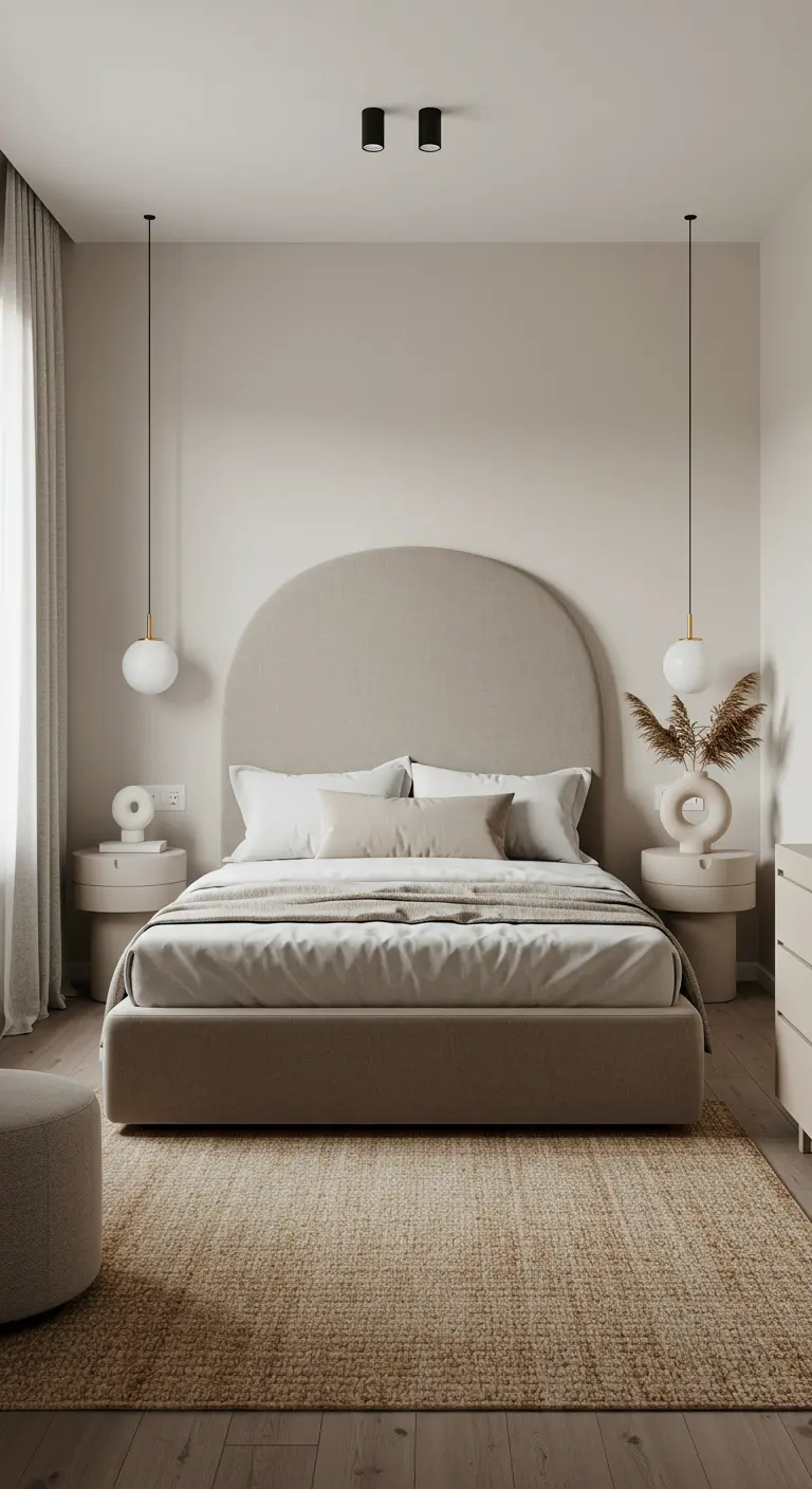 Symmetrical bedroom with a large arched headboard and hanging pendant lights.