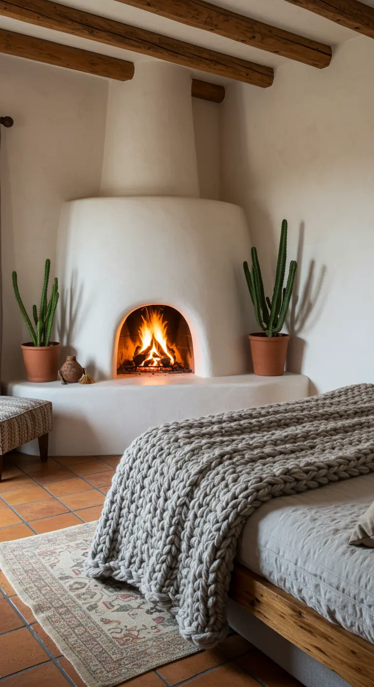 Cozy bedroom featuring a white kiva fireplace and a thick knit blanket.