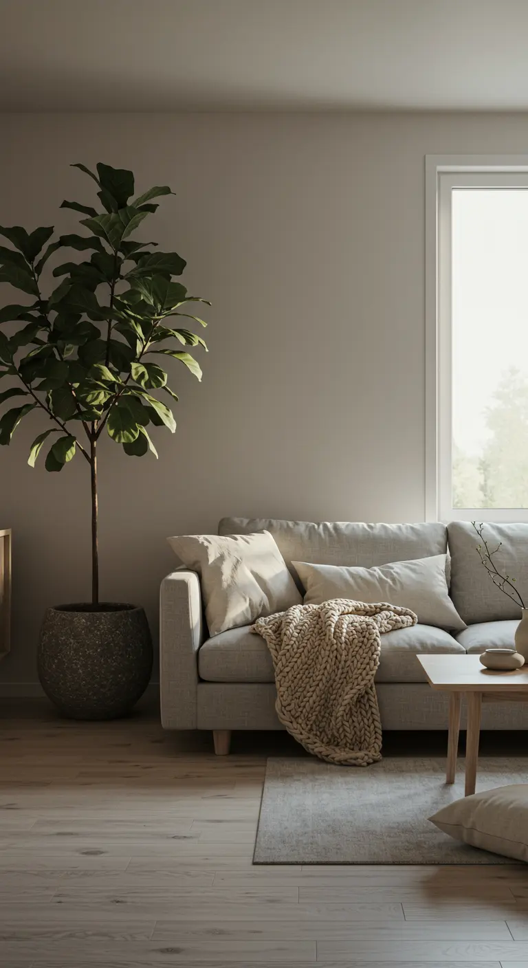 Beige sofa in a sunlit room with a large fiddle-leaf fig in a dark stone planter.