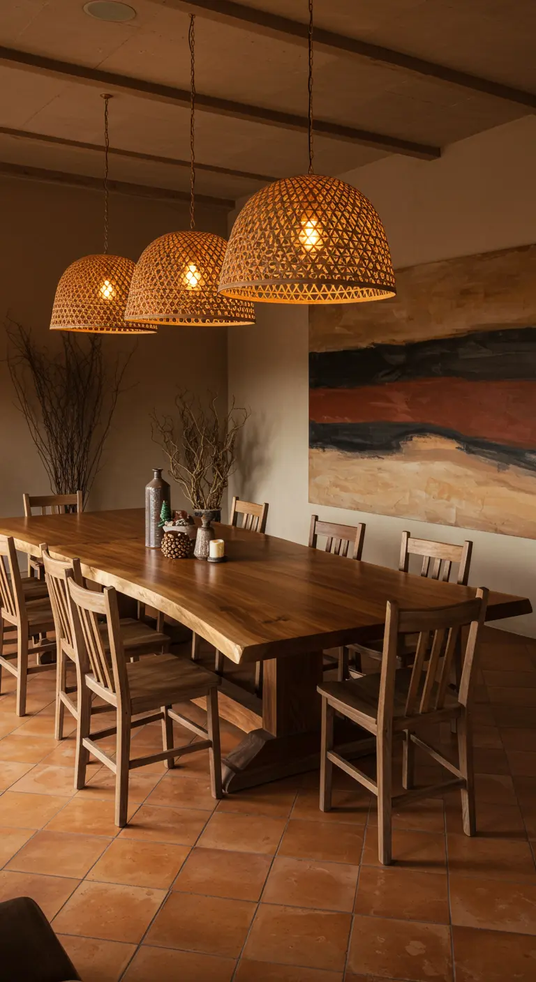 A dining room with a large wood table and three oversized rattan pendant lights.