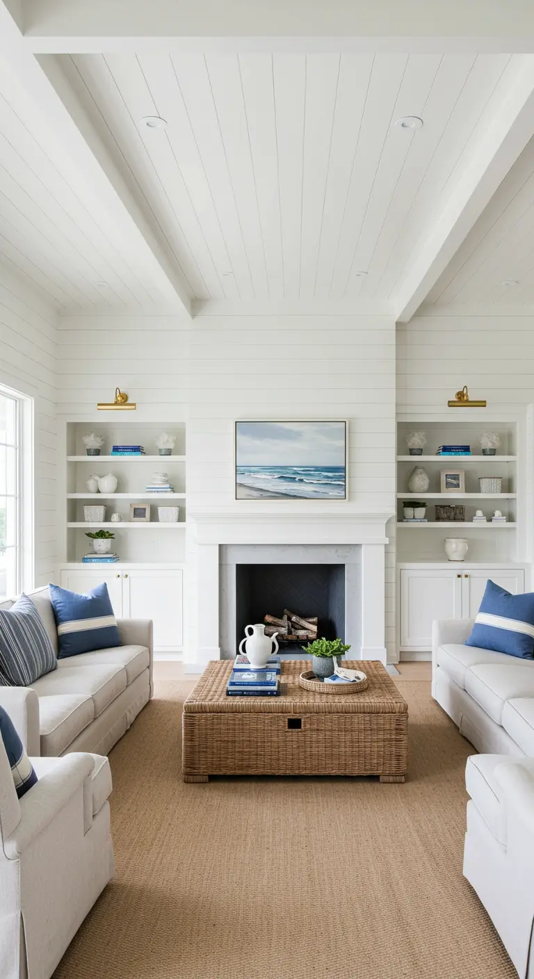 Symmetrical living room with a central fireplace flanked by white built-ins and a wicker trunk.