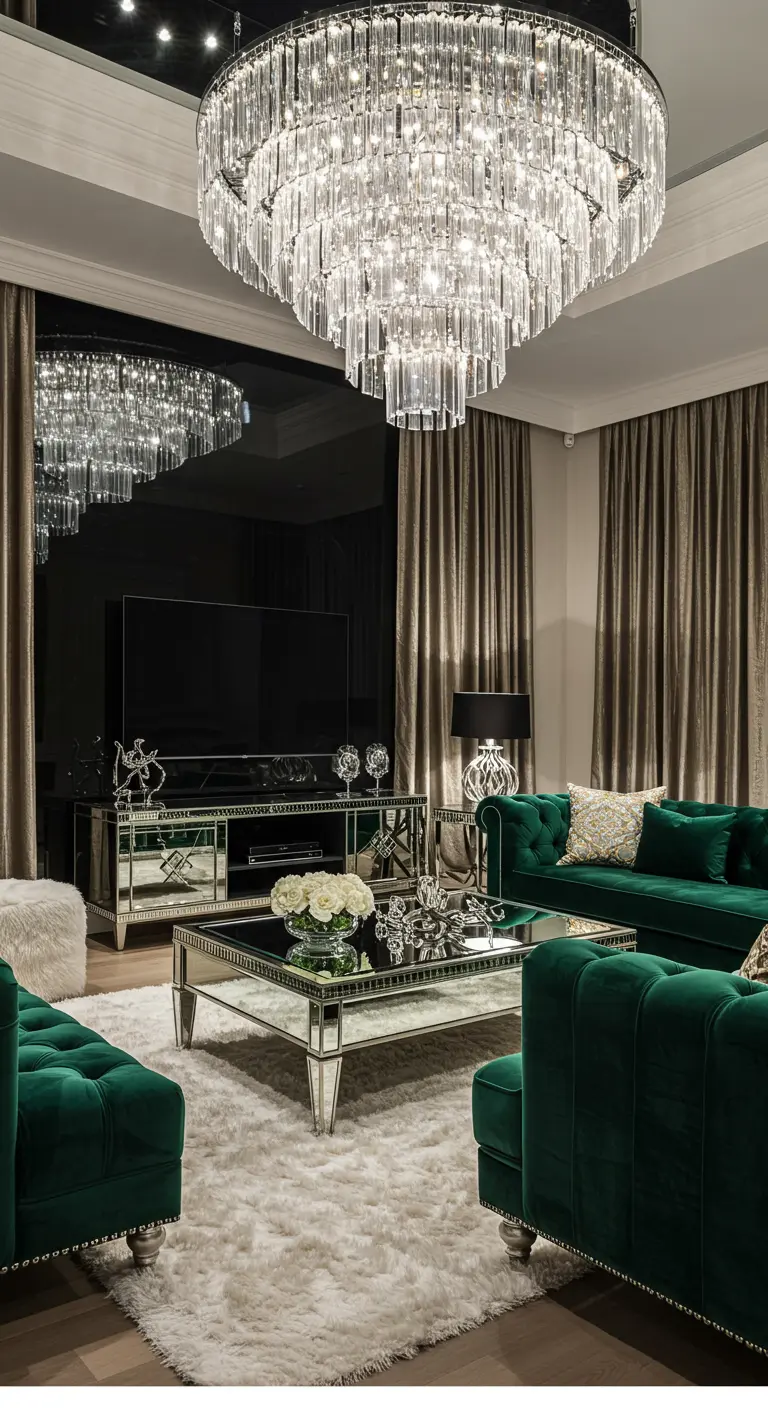 Glam living room with emerald velvet sofas, mirrored furniture, and a large crystal chandelier.