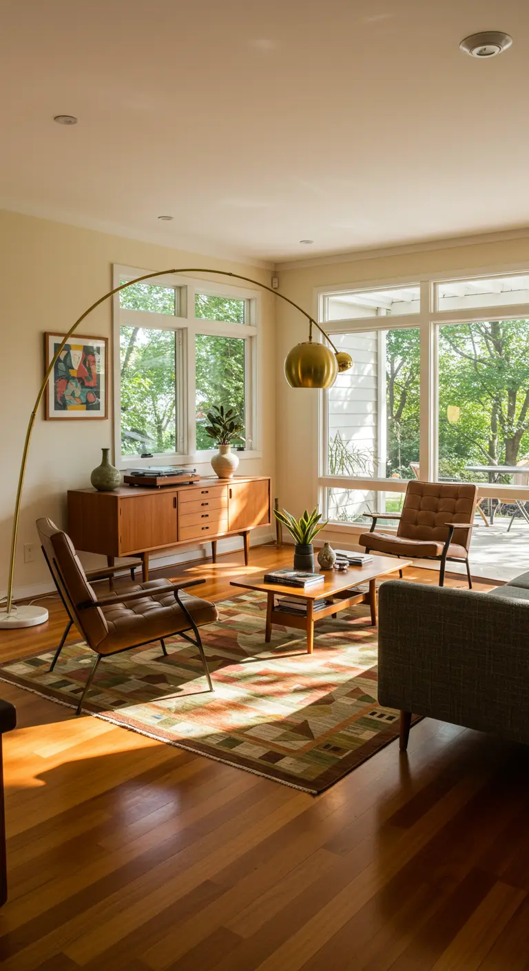 Sunlit mid-century living room with leather chairs, teak credenza, and a large brass arc floor lamp.