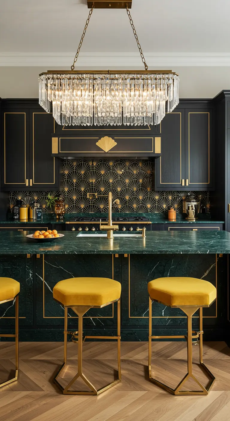 Art Deco kitchen with a black and gold tile backsplash, green marble island, and yellow velvet stools.