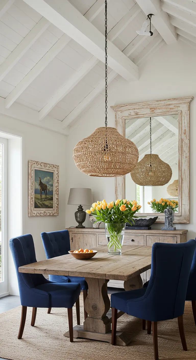 Dining room with two large woven pendant lights over a rustic table.