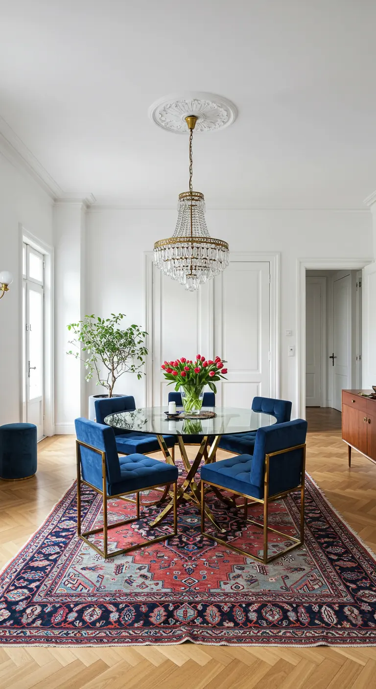 Blue velvet chairs and a glass table on a large, colorful Persian rug.