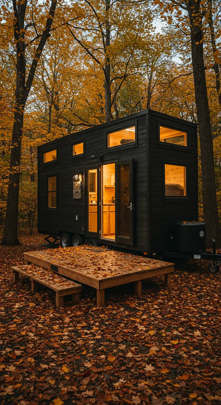 Modern black tiny home on wheels in autumn woods with a large low wooden deck.