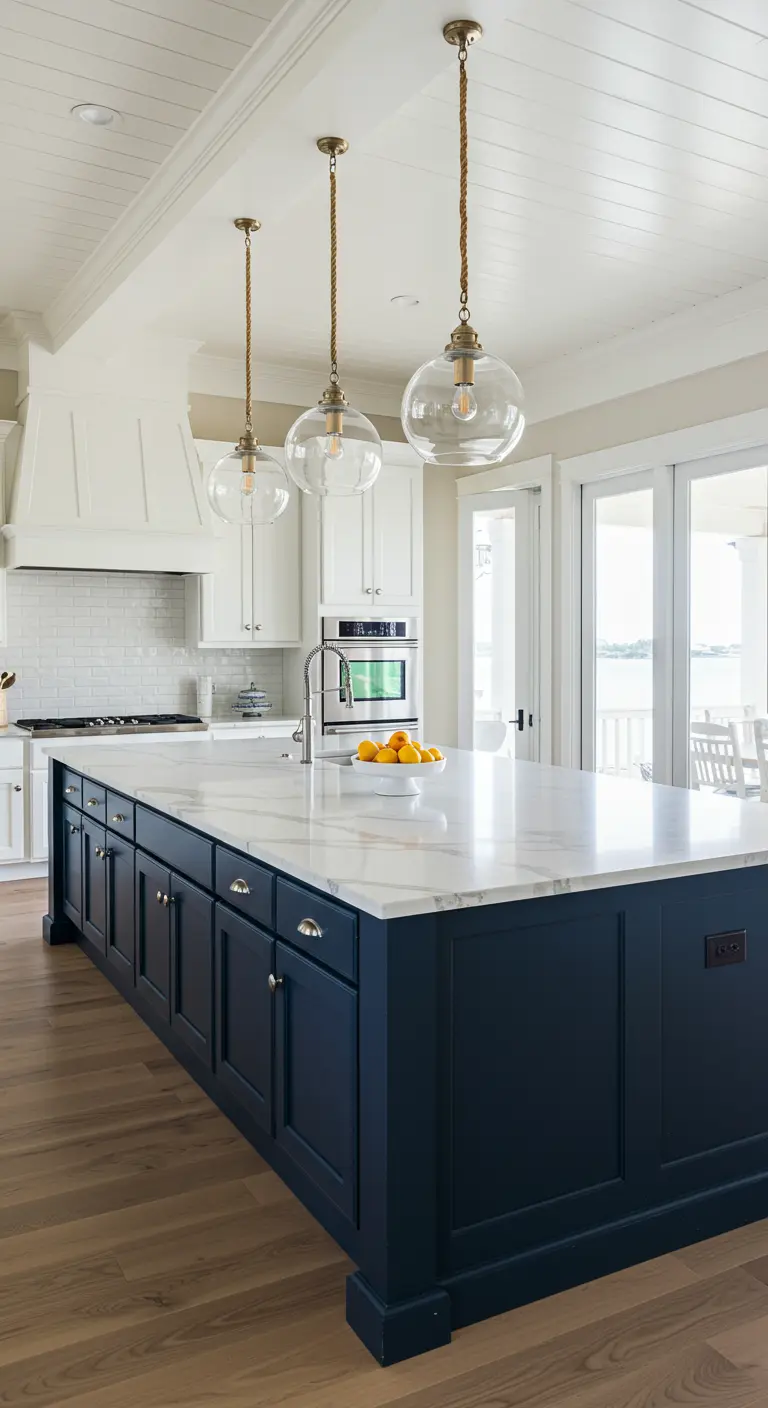 White kitchen with a large navy blue island topped with white marble and glass pendant lights.