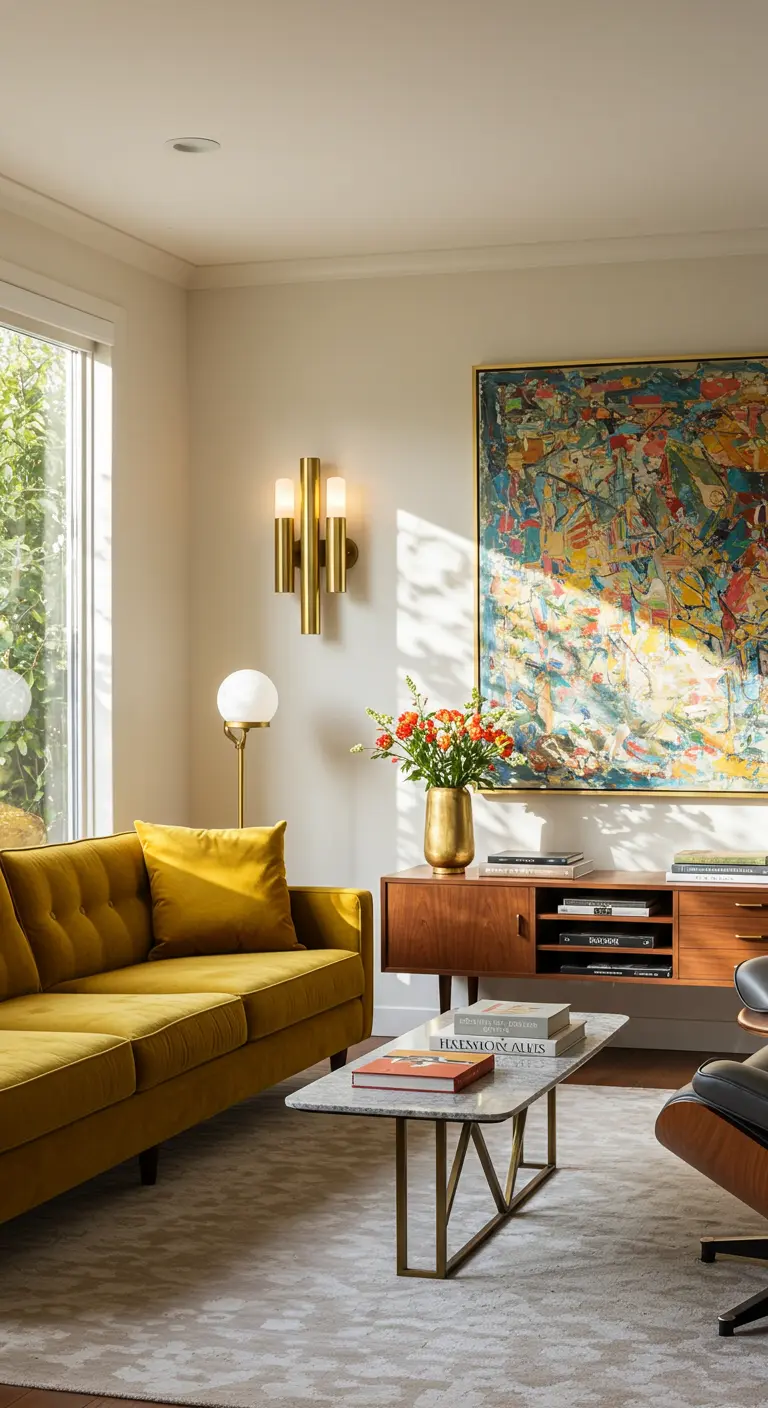A mid-century modern living room with a mustard yellow sofa, abstract art, and a brass wall sconce.