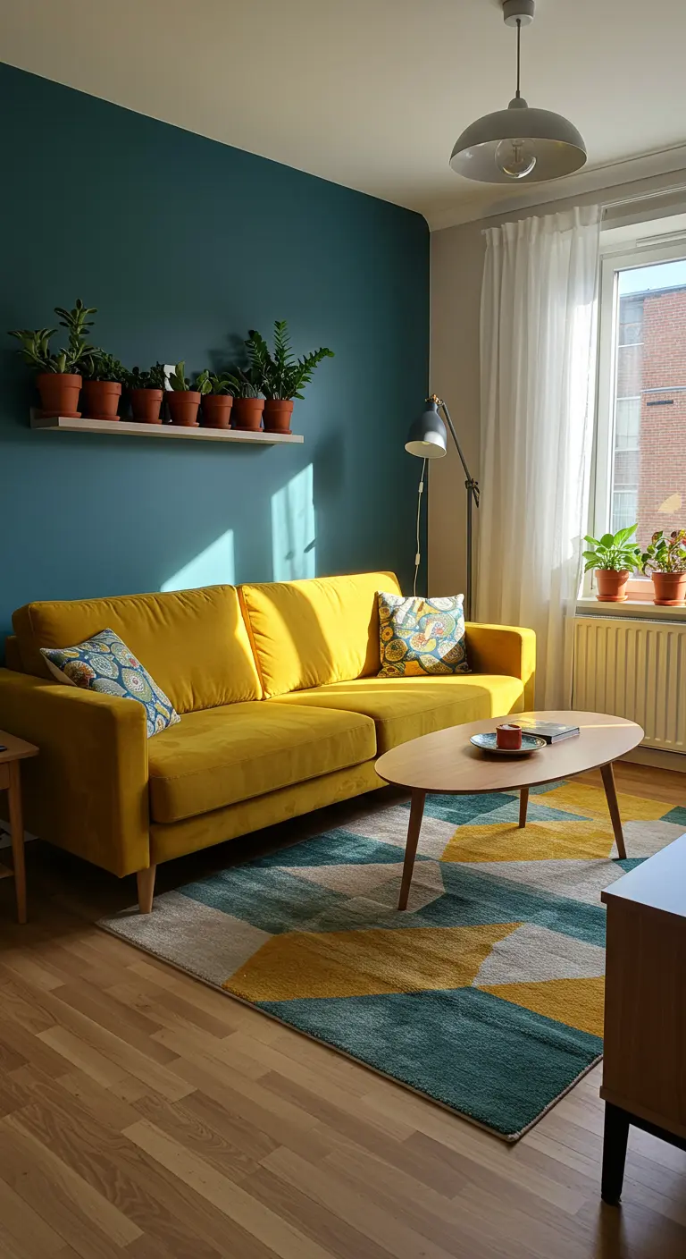 Living room with teal accent wall, a mustard sofa, and a geometric rug.