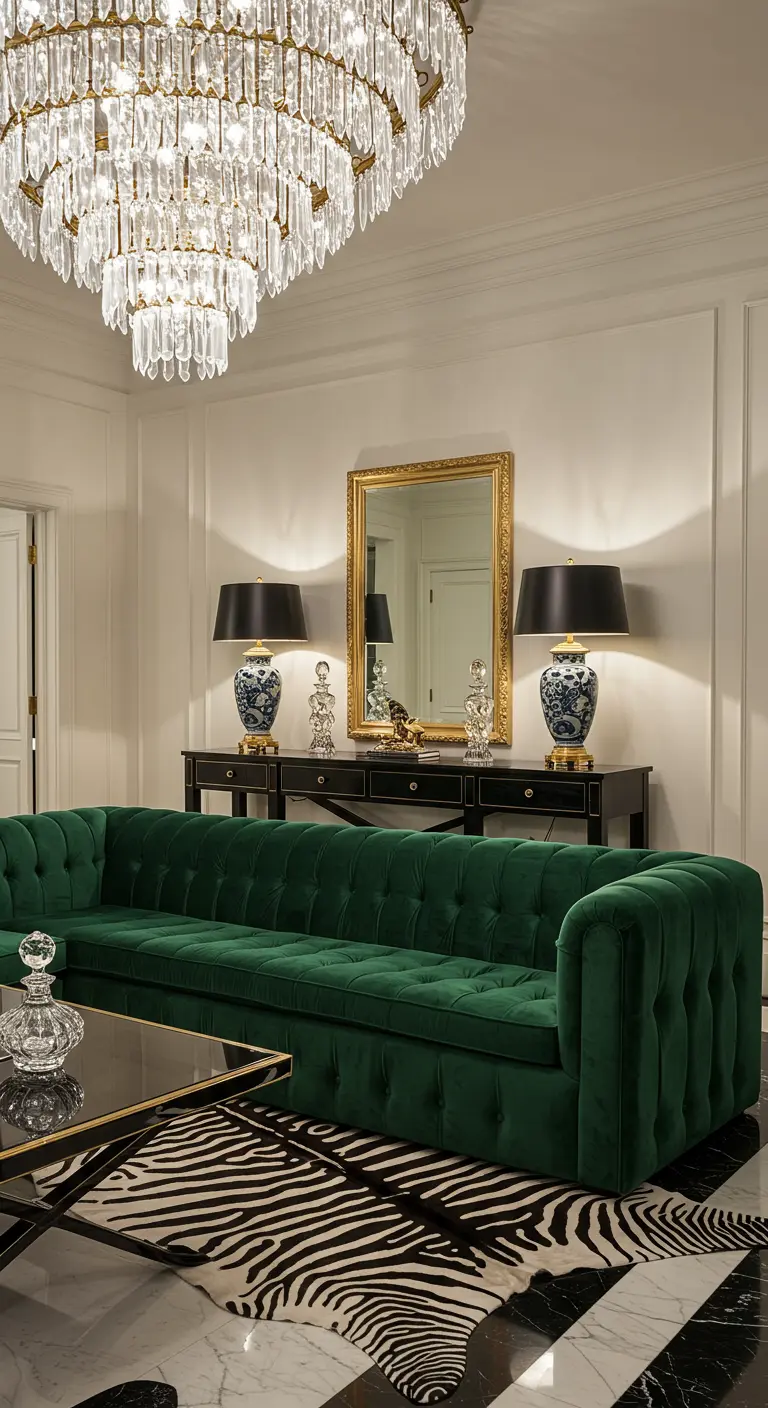 Emerald green tufted velvet sofa with a black lacquered console and zebra-print rug.