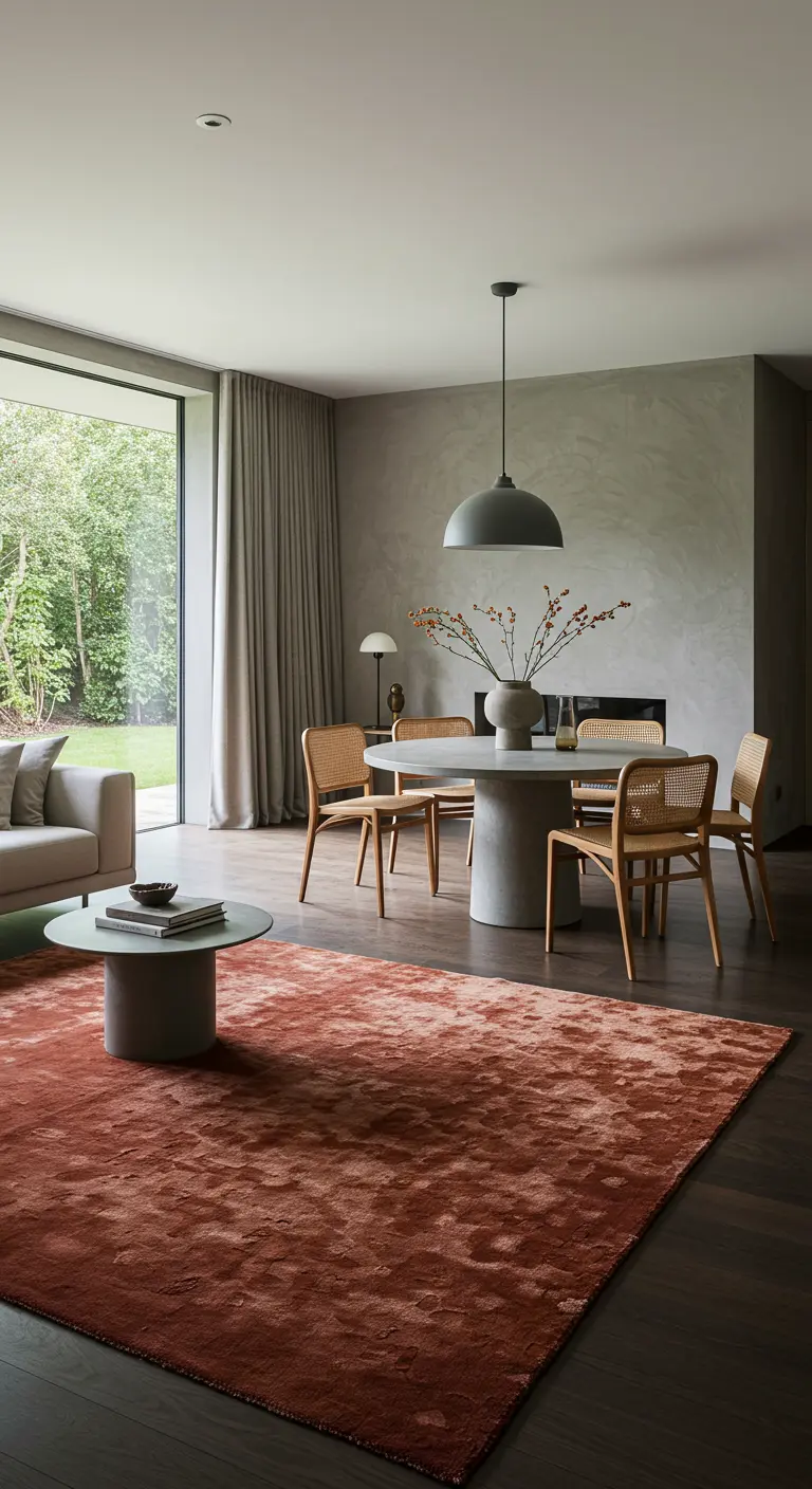 A modern living and dining area with a large, textured terracotta-colored rug.