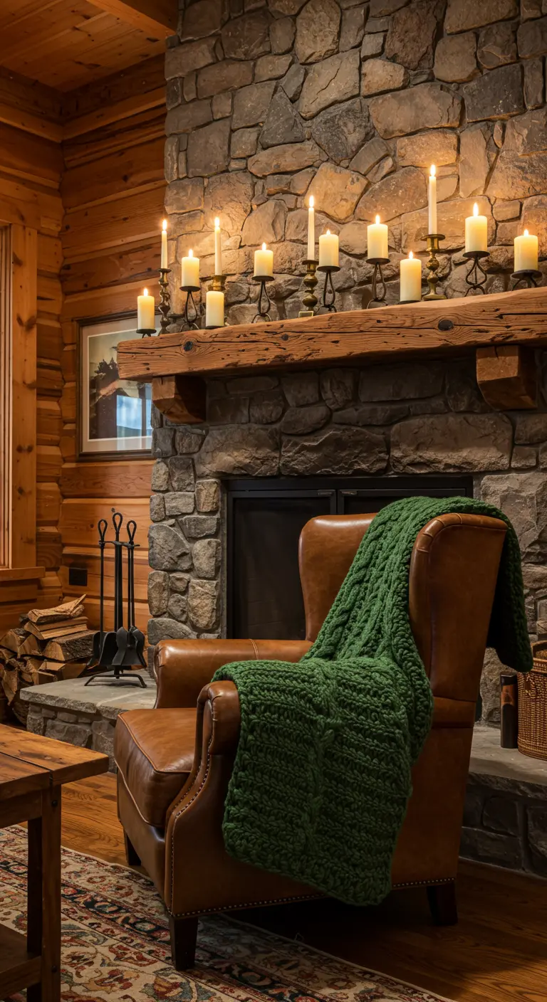 Leather armchair with a green knit throw in front of a stone fireplace with candles on the mantel.