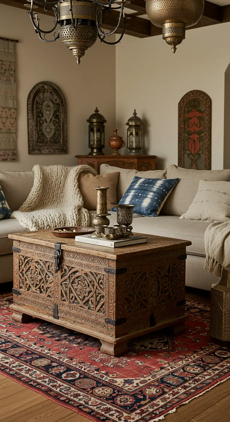 A living room featuring an intricately carved wooden chest as a coffee table.
