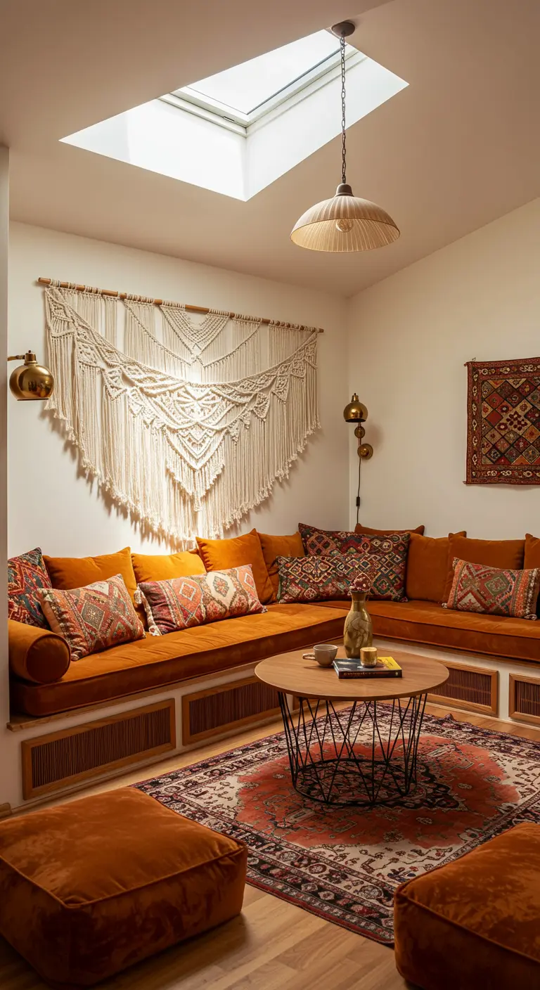 Sunken living room with rust-colored built-in seating and a large macrame tapestry.