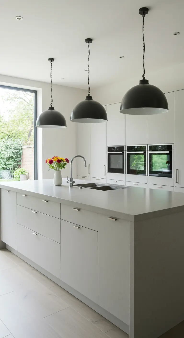 Light grey kitchen island with three large black dome pendant lights hanging above the sink.