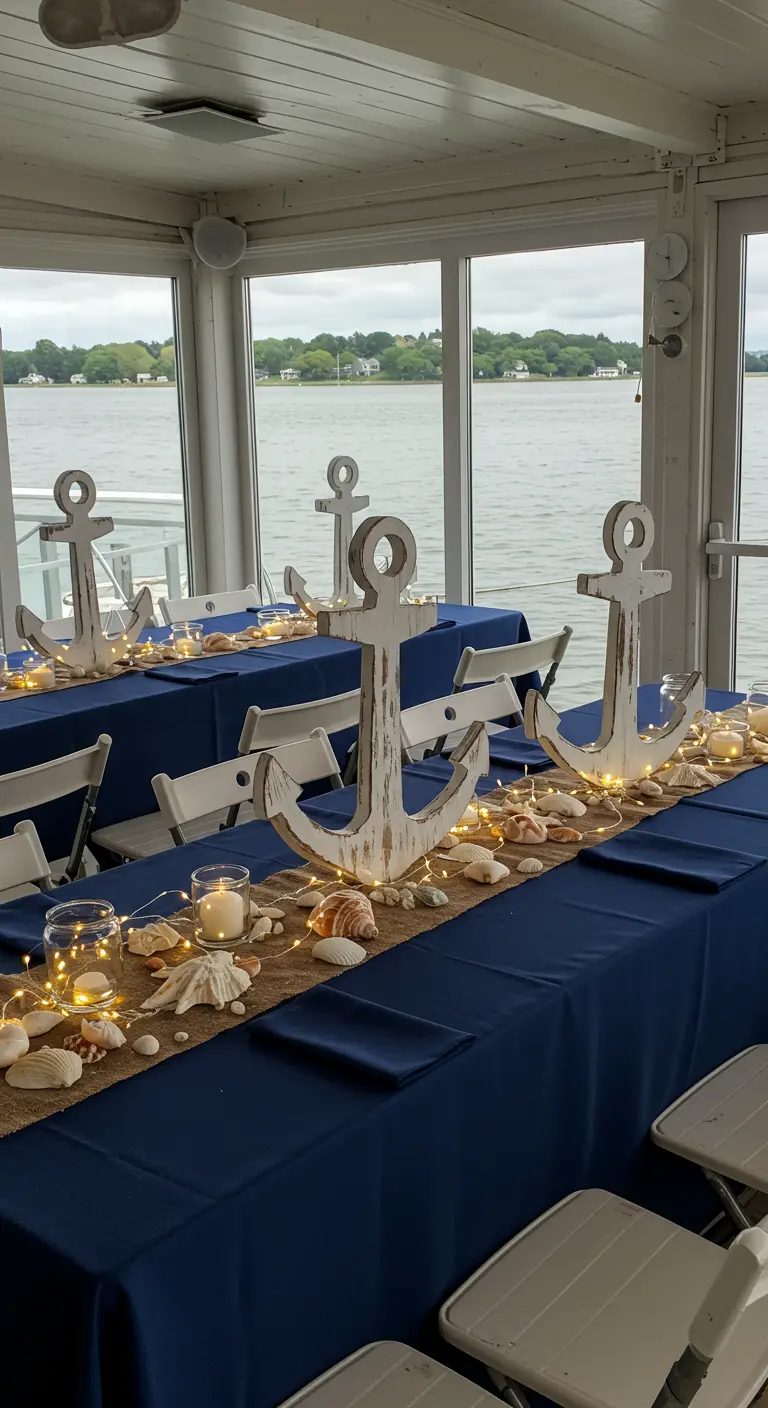 White wooden anchor centerpieces with seashells and candles on a navy blue tablescape.