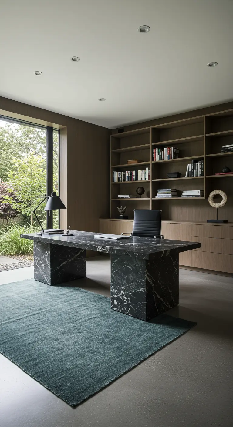 Home office with a large black marble desk and wooden built-in shelving.