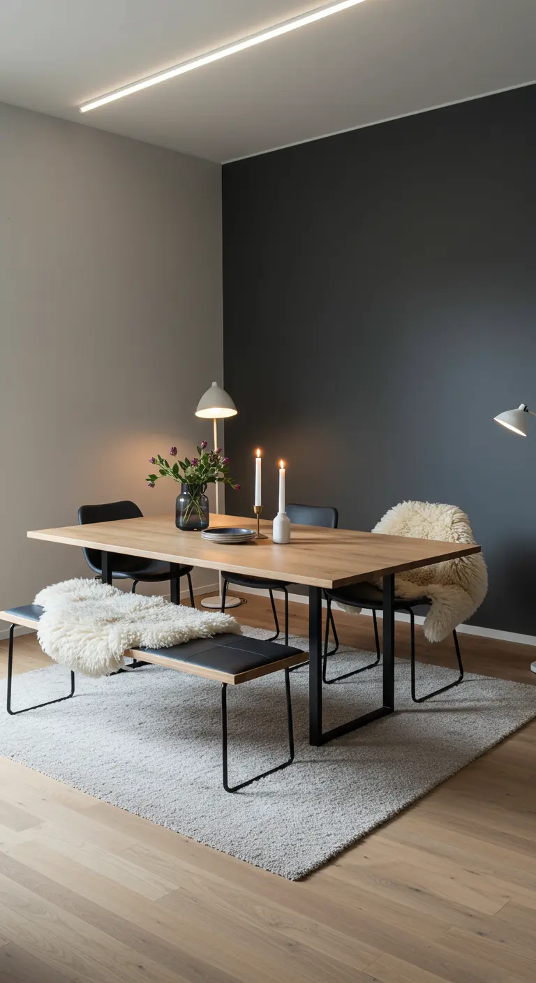 Modern oak dining table with black chairs, a bench with white sheepskin, a dark accent wall, and a light grey rug.