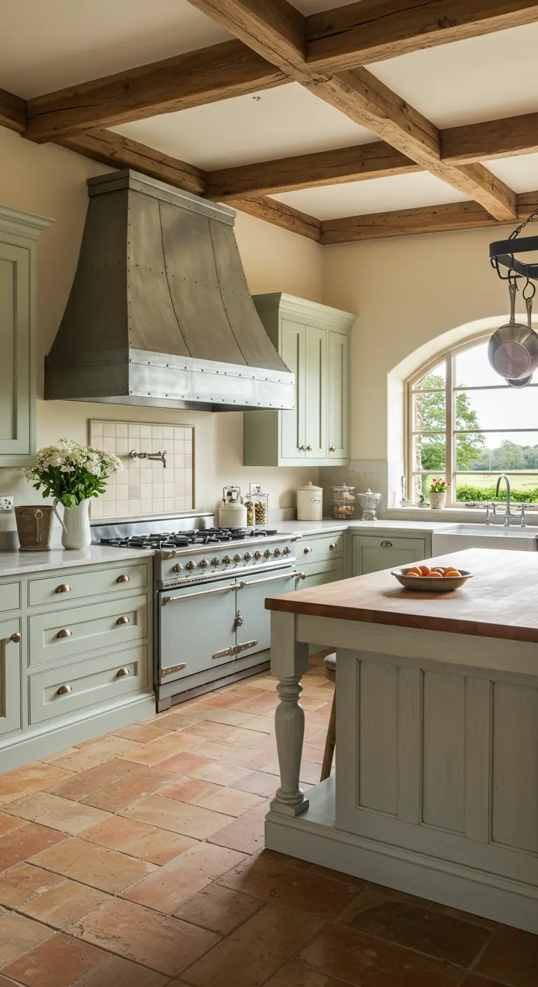A Country French kitchen with soft green cabinets, a large metal range hood, and exposed wooden beams.