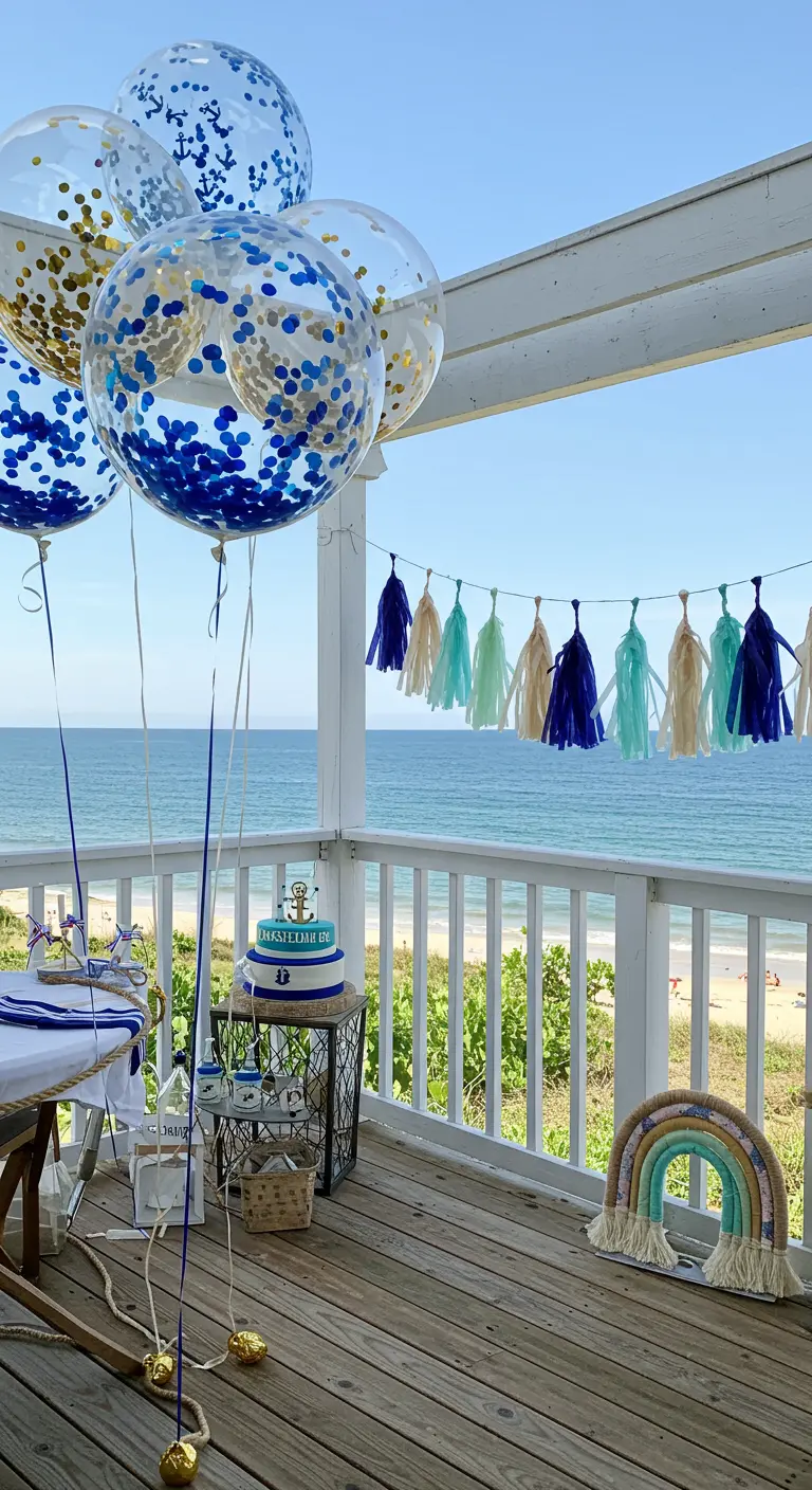 A seaside porch decorated with blue and gold confetti balloons and a blue and white tassel garland.