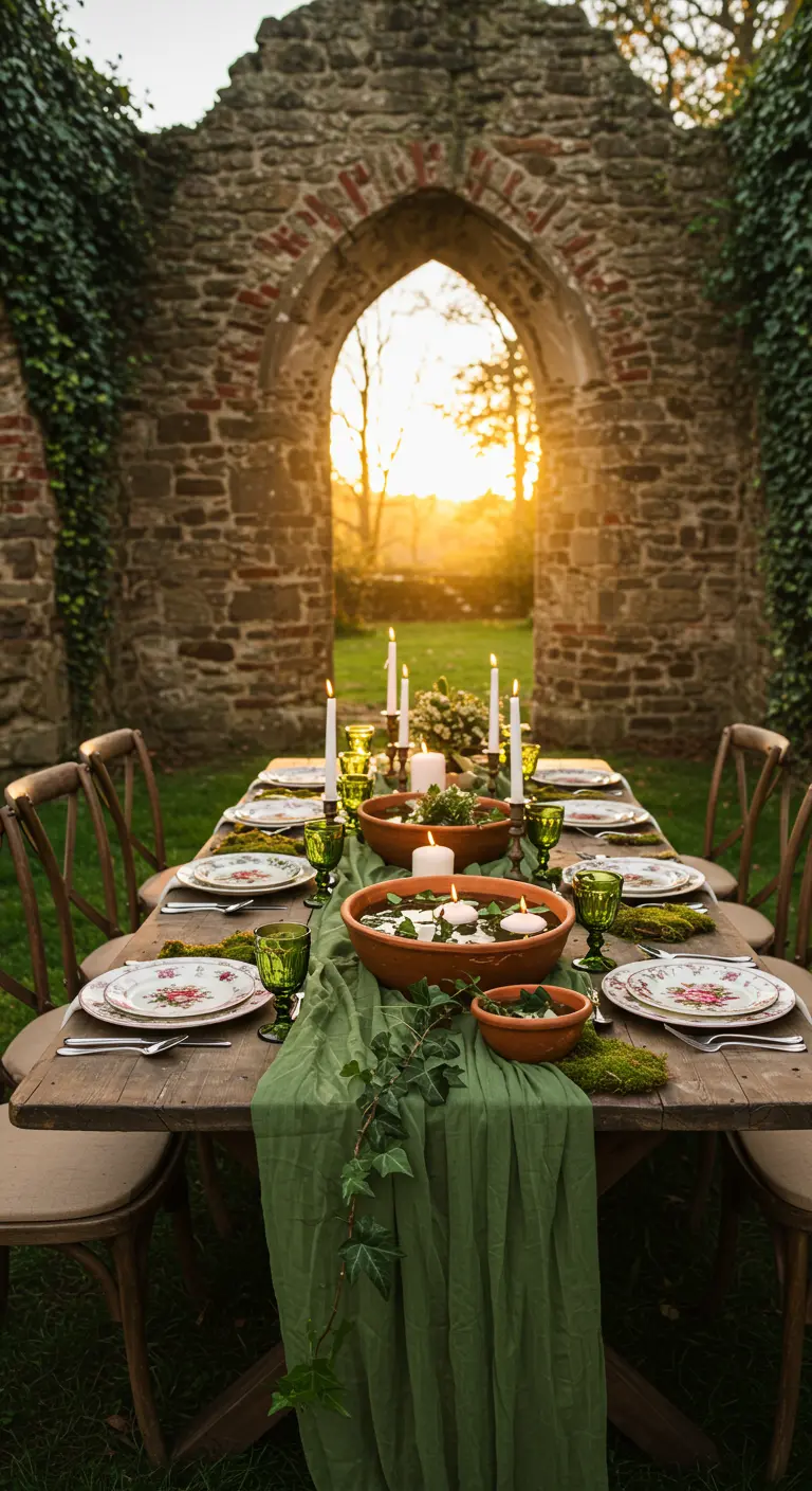 Table in stone ruins with a green runner, floating candles in terracotta bowls, and ivy.