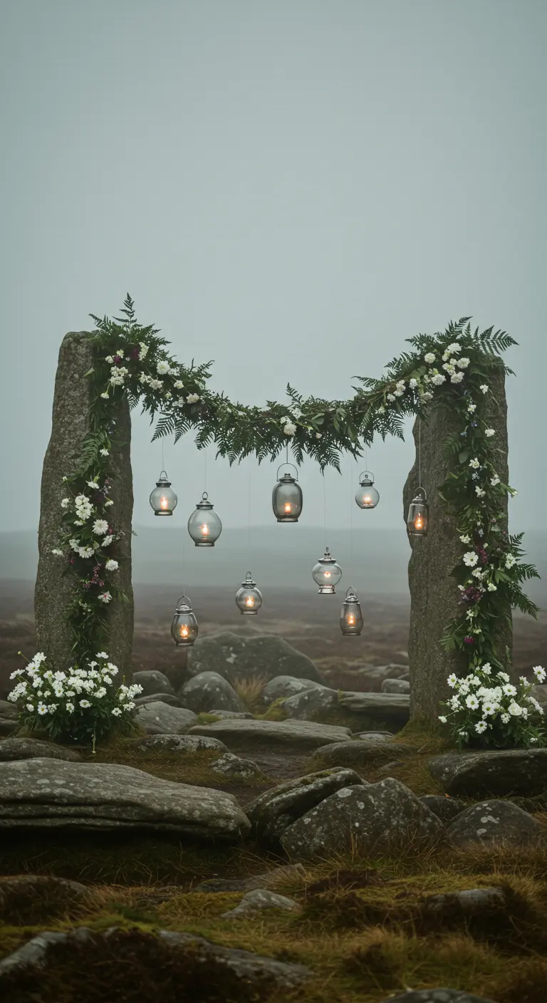 A floral garland strung between two large stones on a moor, with hanging candle lanterns.