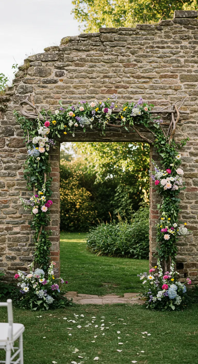 A stone ruin doorway framed with a garland of wildflowers and greenery, serving as an arch.