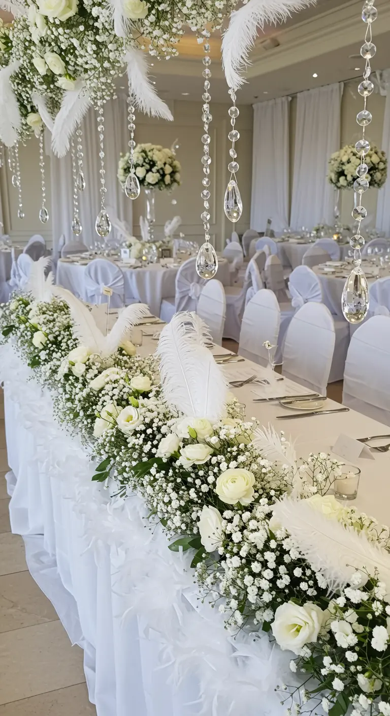All-white wedding table with a baby's breath garland, white feathers, and hanging crystals.