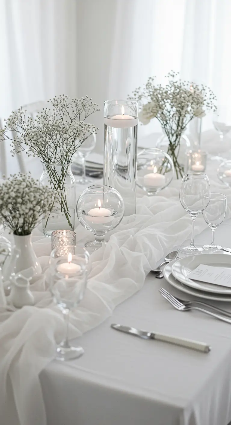 Ethereal all-white tablescape with a gauzy runner, floating candles, and baby's breath.