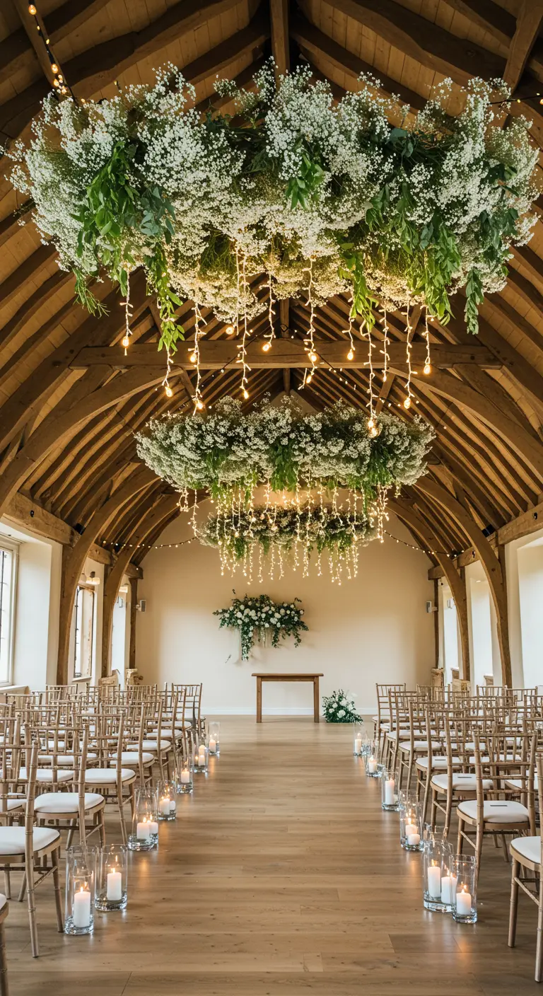 Large hanging wreaths of baby's breath and lights in a rustic barn wedding aisle.
