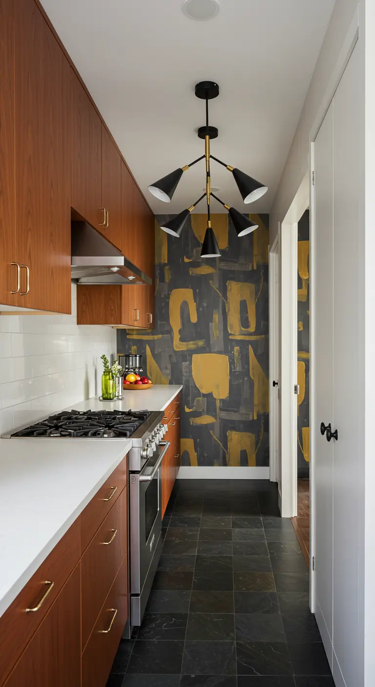 Galley kitchen with teak cabinets and a bold abstract wallpapered wall.