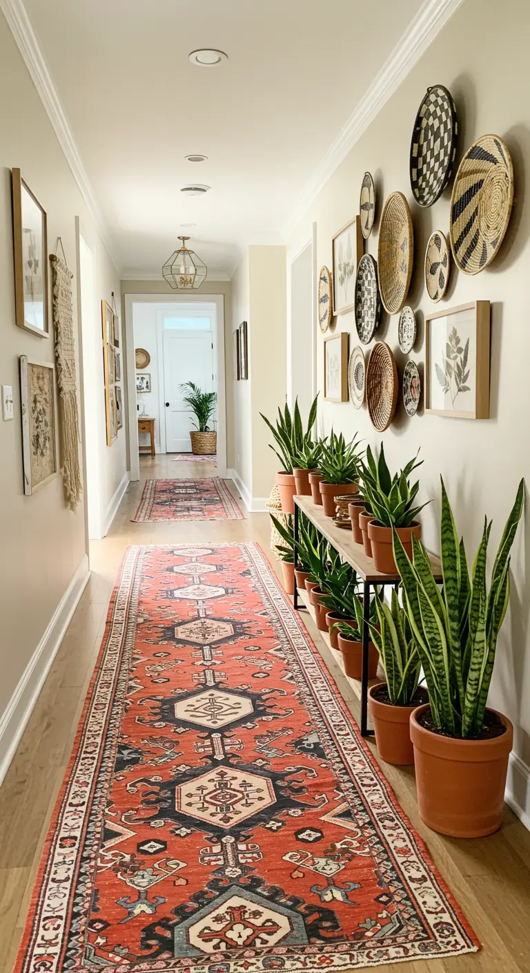 Long hallway lined with a Persian runner, a console table with plants, and a basket gallery wall.