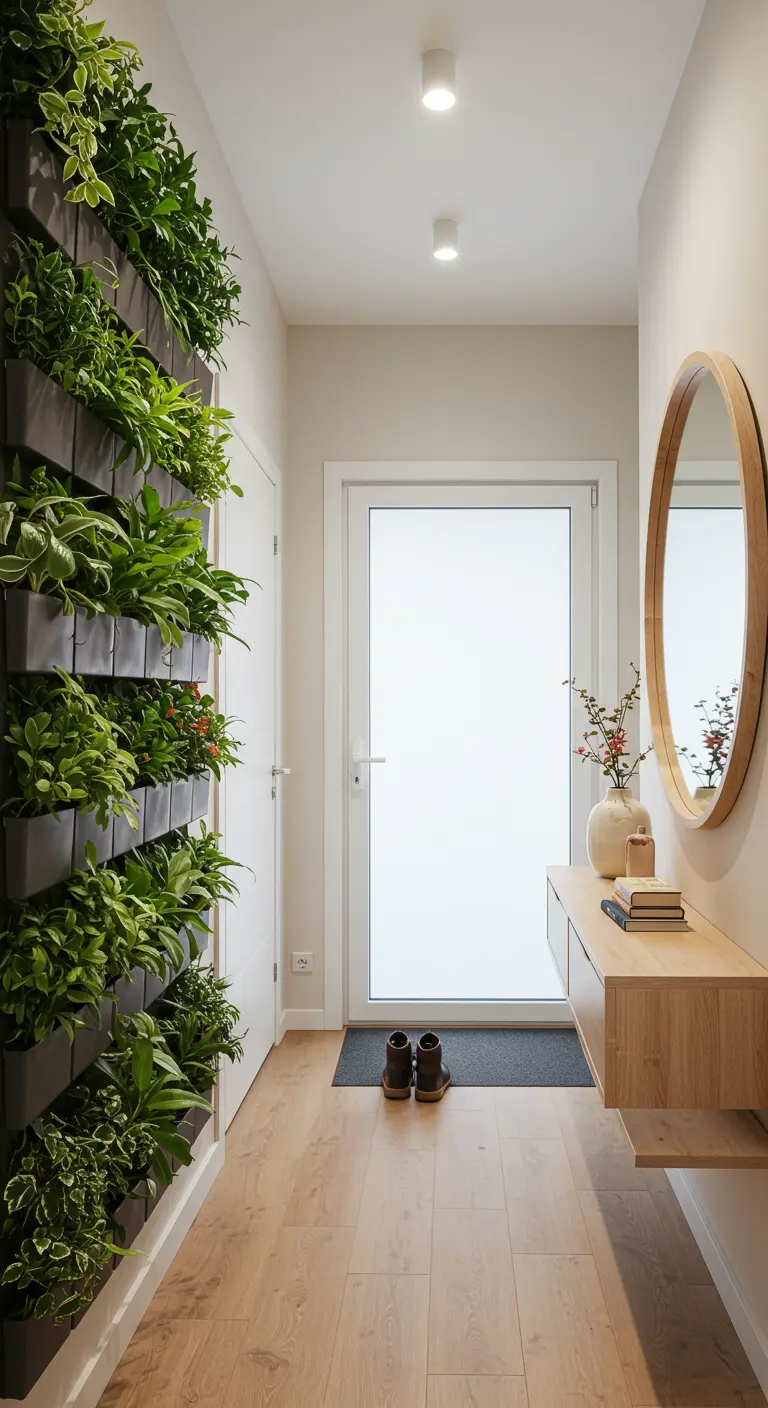 A narrow entryway with a wall covered in black modular planters filled with green plants.