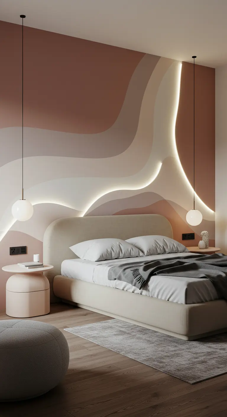 A painted accent wall with organic, wavy shapes is highlighted by curved LED strips.