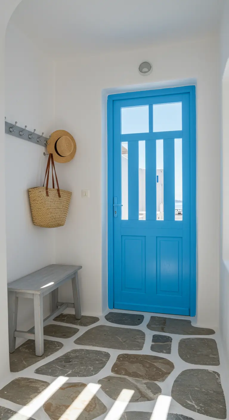 Entryway with a bright blue door and irregular flagstone flooring.