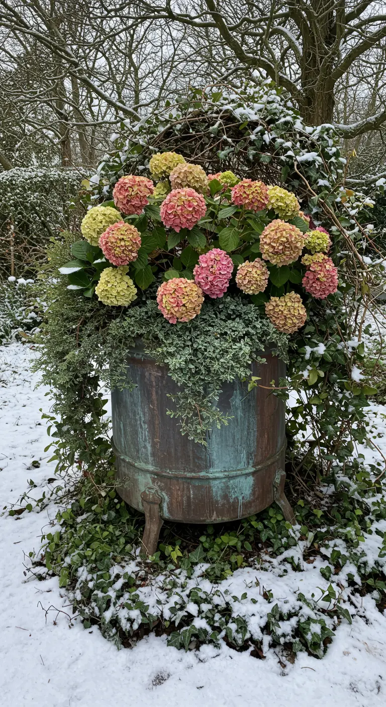 An old copper cauldron with a green patina, overflowing with pink and green hydrangeas.