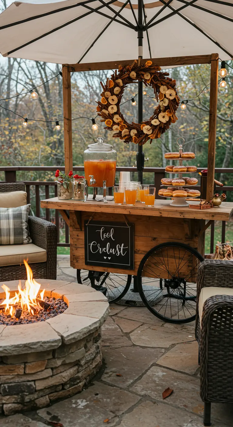 A rustic bar cart with an apple cider dispenser, donuts, and a dried fruit wreath.